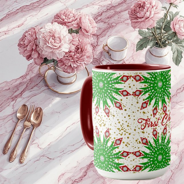 Caneca Flocos de Neve Verdes da Criança Flocos de Natal (Kid's Green Snowflakes First Christmas Party Cute Mug)