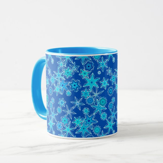 Caneca Flocos Geométricos Modernos de Neve, Azul Espirro (Frente Esquerda)