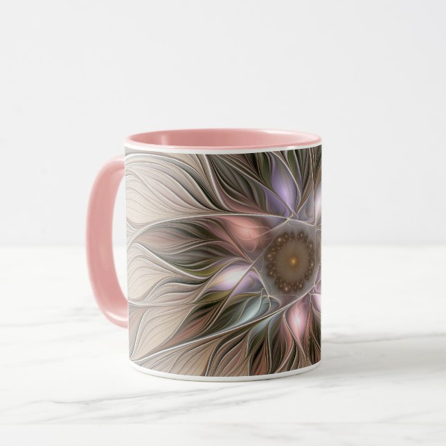 Caneca Flor Abstracta Flor Marrom Bege Alegre (Frente Esquerda)