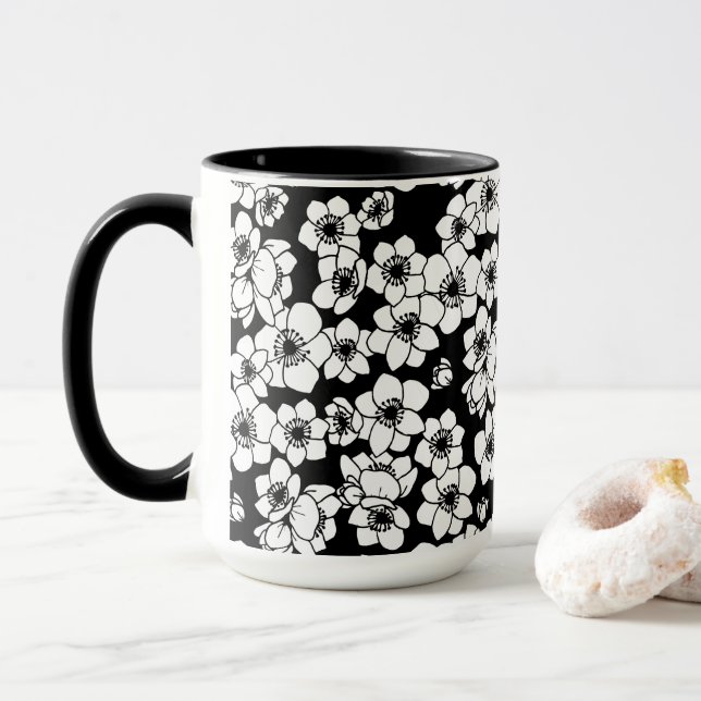 Caneca Flor Anêmone Preto e Branco (Com Donut)