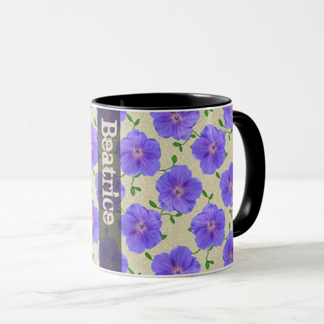 Caneca Flor azul botânica do verão doce com nome (Frente Esquerda)