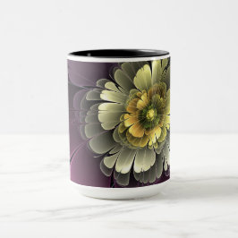 Caneca Flor de Fractal Abstrato Moderno Purpur Khaki Cinz