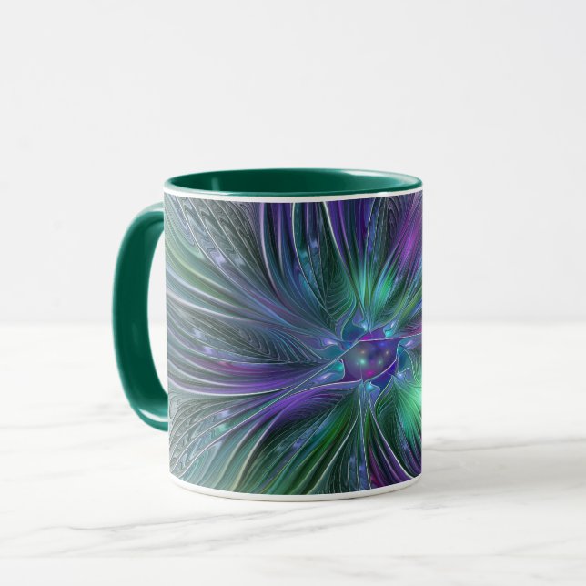 Caneca Flor Moderna Arte Abstrata Fractal Roxa Verde (Frente Esquerda)