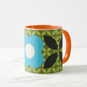Caneca Flor Retro, Padrão Geométrico Azul Claro e Verde