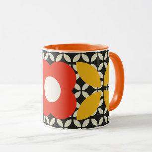 Caneca Flor Retro, Padrão Geométrico Vermelho e Amarelo
