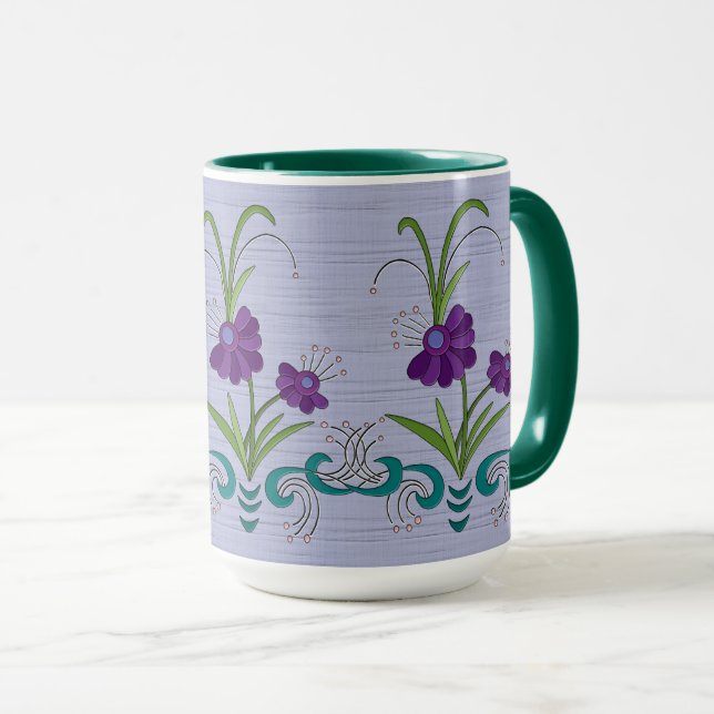 Caneca Flor Roxa Divertida c/ Redemoinhos de Azul Ciano (Frente Esquerda)