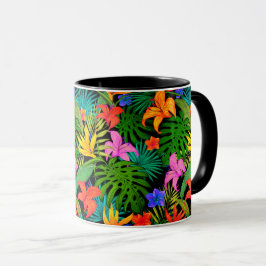 Caneca Flor tropical e folha de palma Havaí colorida
