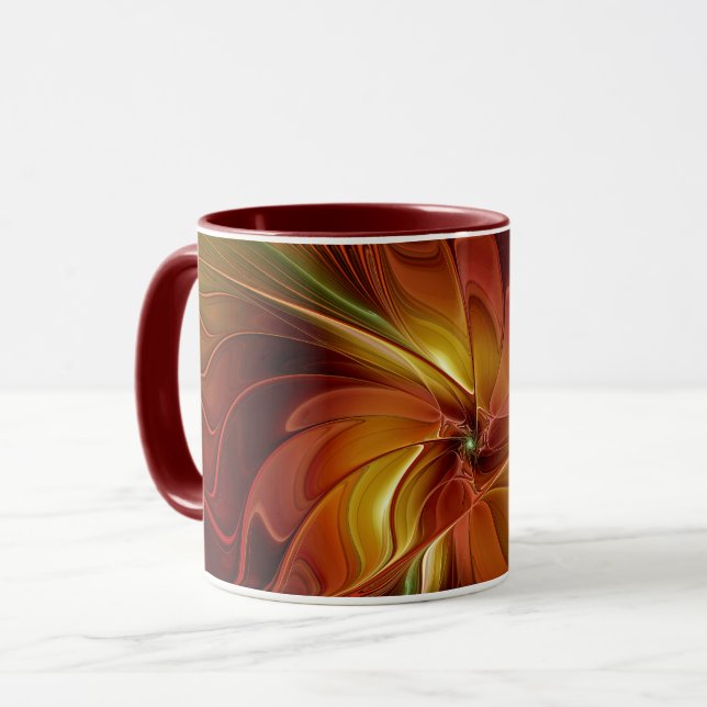 Caneca Flor verde-laranja-abstrato Vermelho Castanho-Cast (Frente Esquerda)