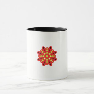 Caneca flor vermelha e amarela com pontos pretos