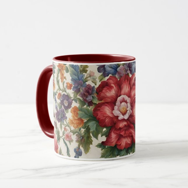 Caneca Flor Vermelho Refinado Incrível e Flores Delicadas (Frente Esquerda)