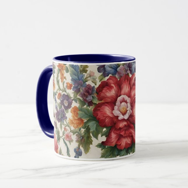 Caneca Flor Vermelho Refinado Incrível e Flores Delicadas (Frente Esquerda)