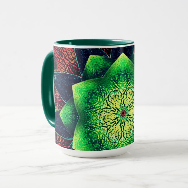 Caneca Flor virtual esverdeada e rústica, em coral (Frente Esquerda)