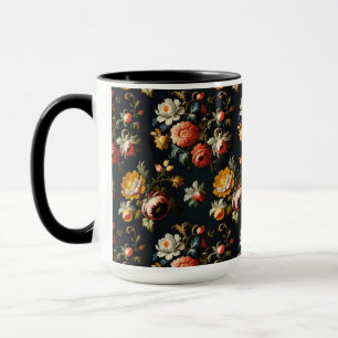 Caneca Florais Barrocos Ornamentados em Fundo Preto