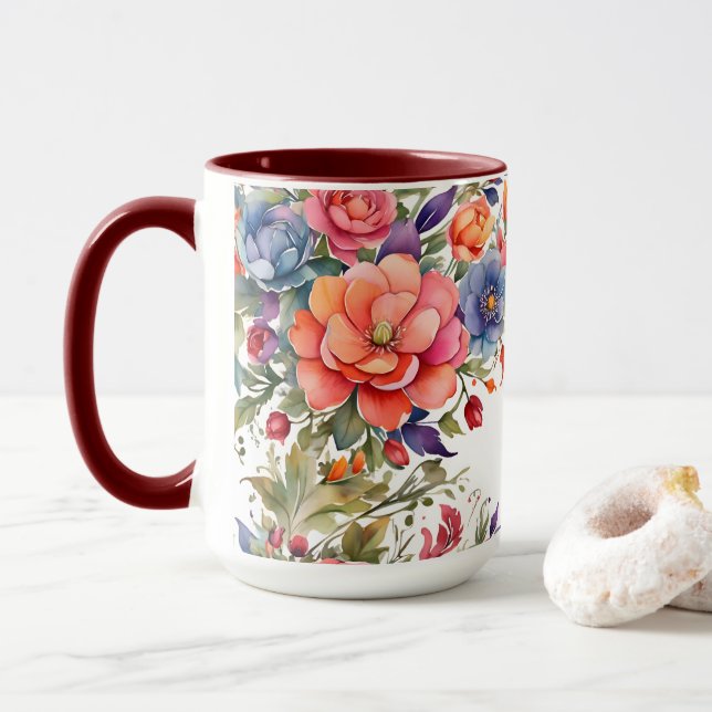 Caneca Florais em Aquarela Serenos PD Duas-Tons (Com Donut)