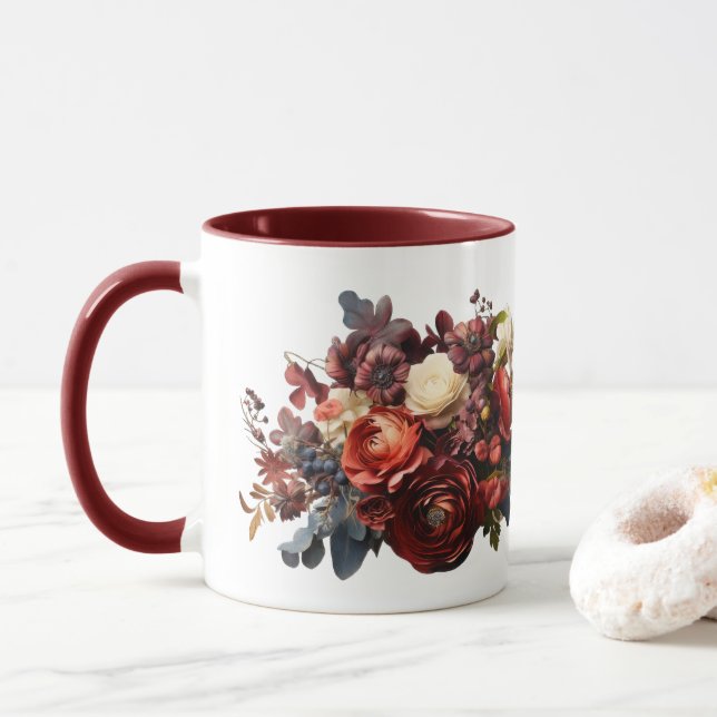 Caneca Florais Sombrios Burgundy Maroon Coral Branco  (Com Donut)