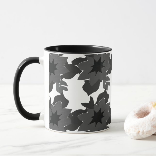 Caneca Floral Abstrato Preto Cinza (Com Donut)