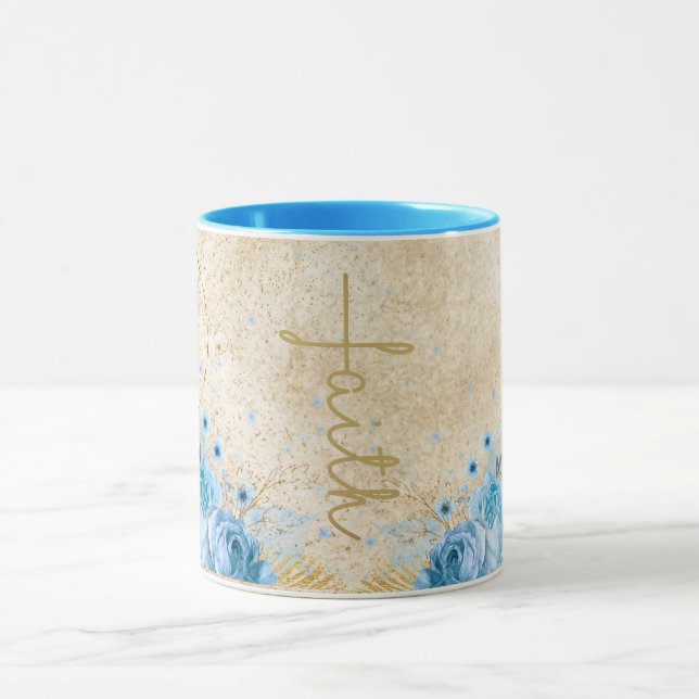 Caneca Floral Azul com Cruz de Fé Dourada (Centro)