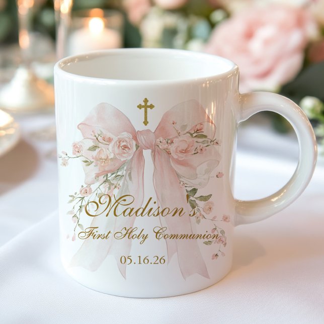 Caneca Floral Bow First Holy Communion Religious Favor (Criador carregado)