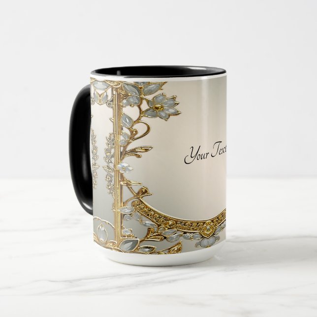 Caneca Floral Branca Dourada Ornamentada (Frente Esquerda)