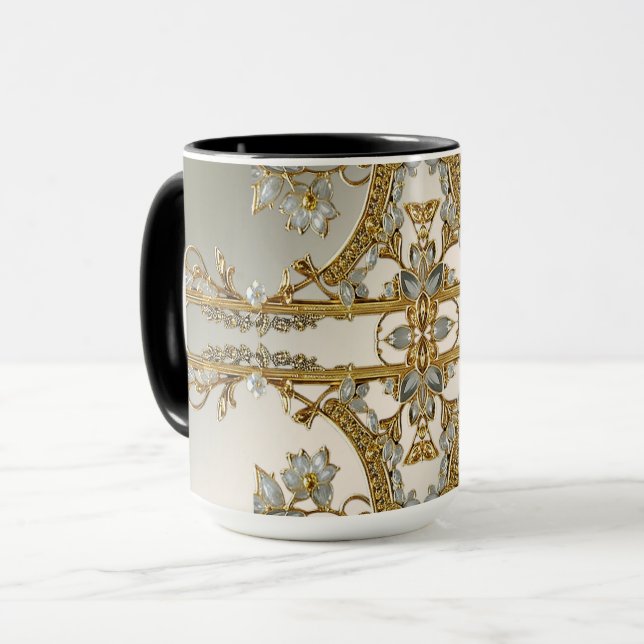 Caneca Floral Branca Ornada a Ouro (Frente Esquerda)