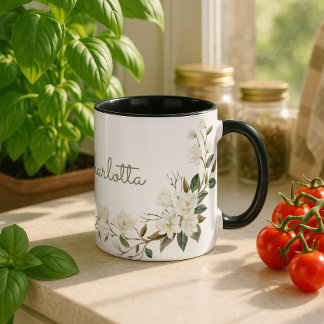 Caneca Floral Branca Personalizada, Nome Personali