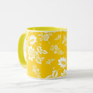 Caneca Floral Branco em Fundo Amarelo de Primavera