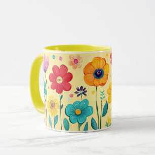 Caneca Floral Colorida, Padrão Brilhante Vibrante Flor do