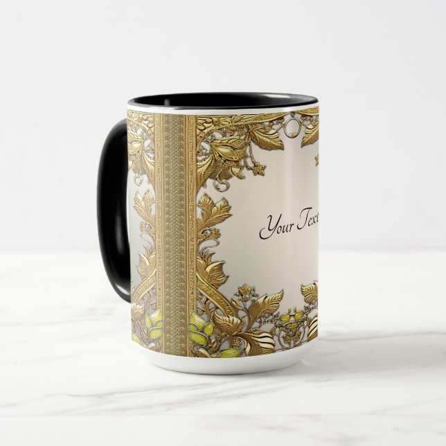 Caneca Floral Decorativa de Ouro Elegante (Frente Esquerda)