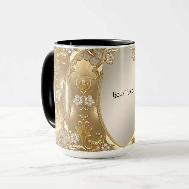 Caneca Floral Dourada Ornamentada (Frente Esquerda)