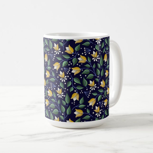 Caneca Floral em Azul Profundo e Amarelo (Frente Esquerda)
