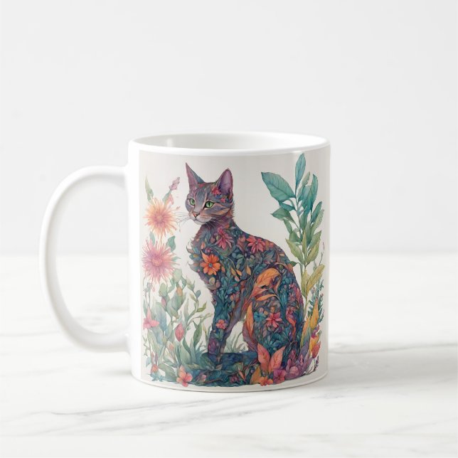 Caneca Floral Felina Colorida Ilustrada (Esquerda)