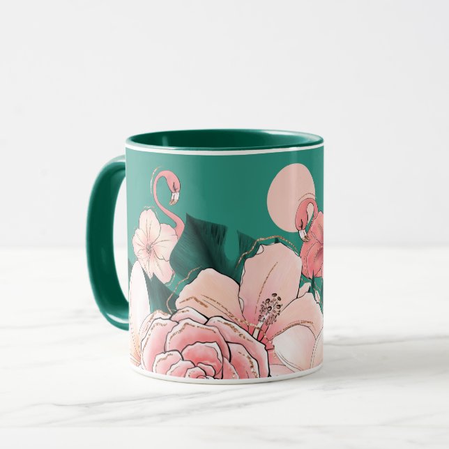 Caneca Floral Florida Flamingos Tropical Garden Teal (Frente Esquerda)