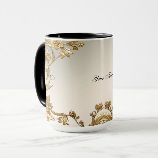 Caneca Floral Folhas Onduladas Douradas (Frente Esquerda)