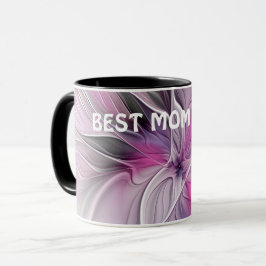 Caneca Floral Fractal Flor Abstrata Rosa Cinza Melhor Mãe