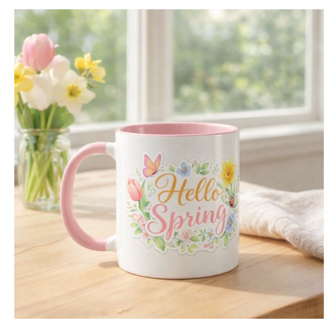 Caneca Floral Hello Spring Fofa | Personalizável (Criador carregado)