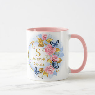 Caneca Floral Inicial Elegante Borboleta Monograma e Nome