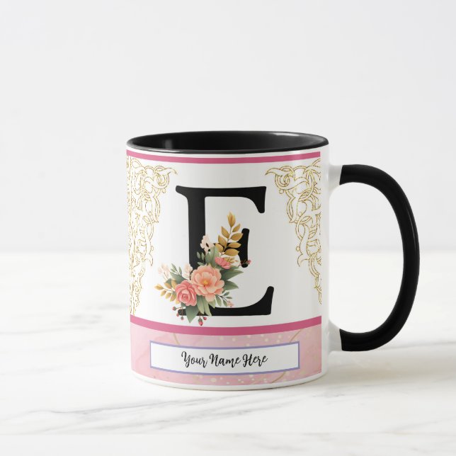 Caneca Floral Letter E Mug – Personalized Initial Cup wit (Direita)