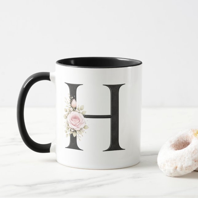 Caneca Floral Letter H Monogram | Elegant Initial H Logo (Com Donut)