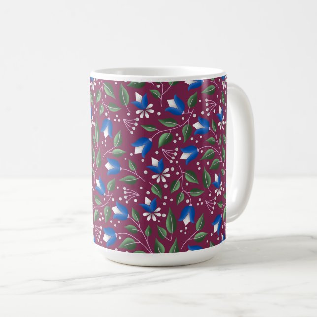 Caneca Floral no Borgonha e Azul Profundo (Frente Esquerda)