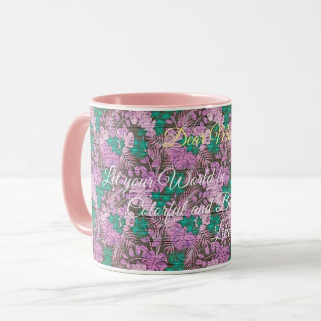 Caneca Floral no texto personalizado de madeira (Frente Esquerda)