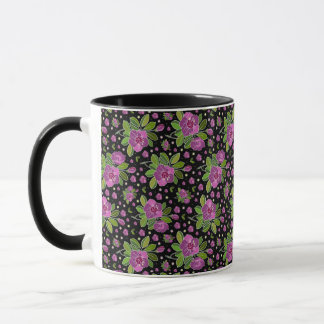 Caneca Floral Pattern Lilac Pink Green Black