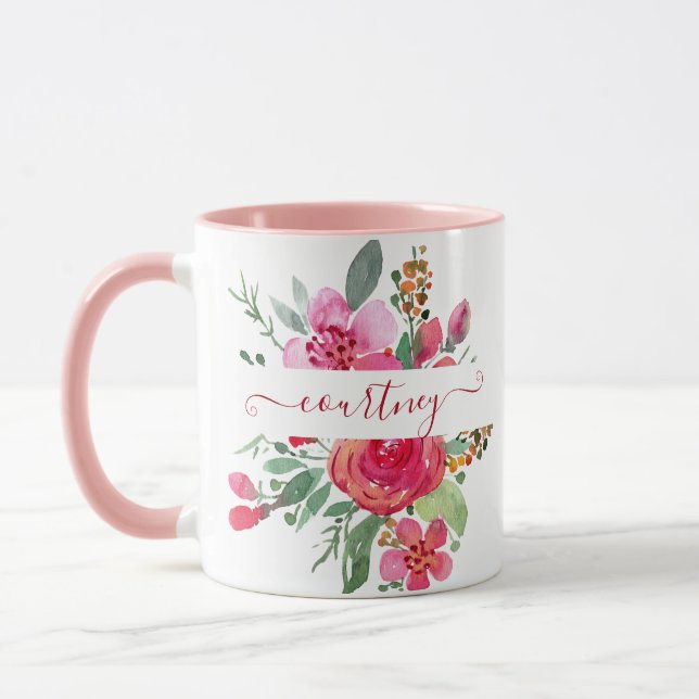 Caneca Floral personalizado com aquarela rosa (Esquerda)