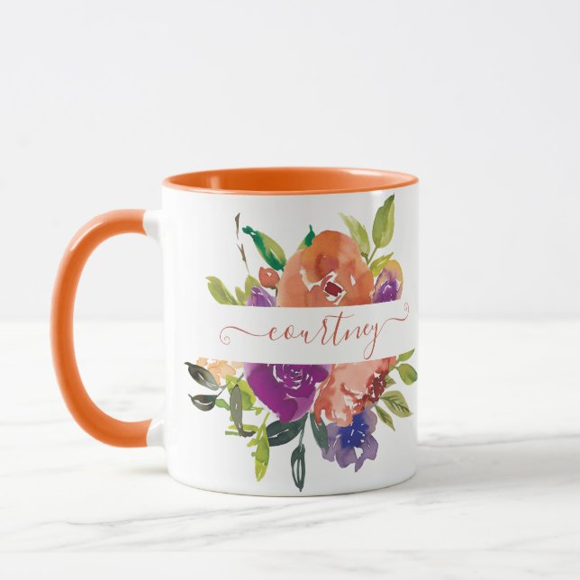 Caneca Floral personalizado com aquarela roxa e laranja (Esquerda)