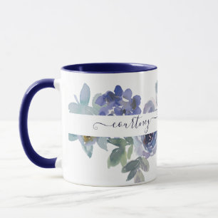 Caneca Floral personalizado em aquarela azul e verde