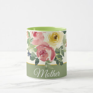 Caneca Floral personalizável em aquarela rosa e amarelo 