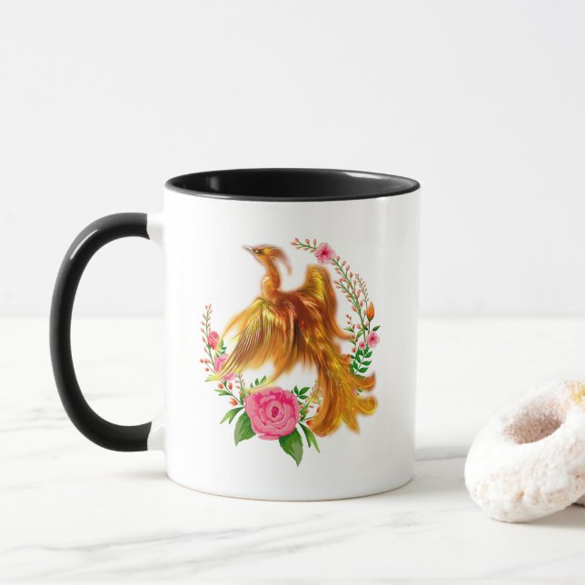 Caneca Floral Phoenix Nasce Da Fiery Ashes Fantasy (Com Donut)