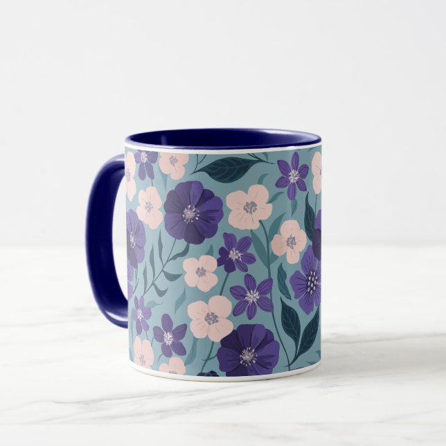 Caneca Floral púrpura e rosa num fundo de chá suave (Frente Esquerda)