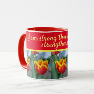 Caneca Floral Red Tulip Deus Citação Eu sou Forte Woman