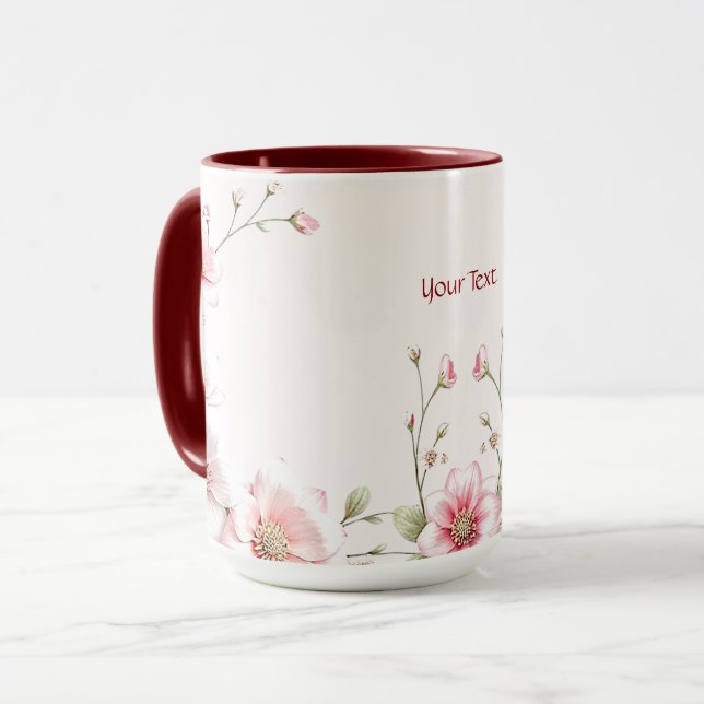 Caneca Floral Rosa Elegante Branca (Frente Esquerda)