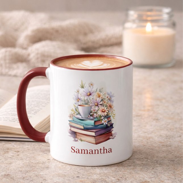 Caneca Floral Stacked Books Personalized Burgundy Handle (Criador carregado)